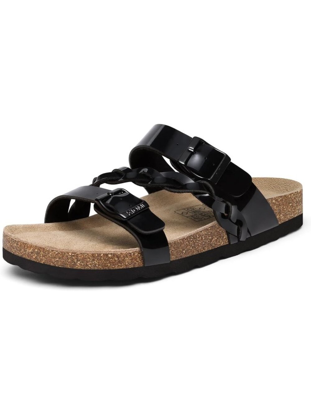 Women's Black Patent Slide Sandals Cork Footbed Slip-On Adjustable Buckle Shoes